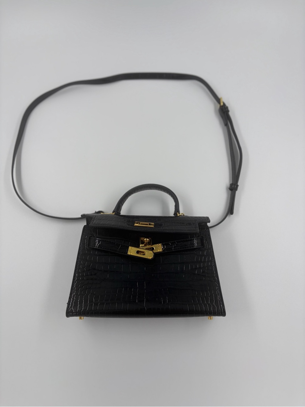 Black Croc Embossed Mini Top Handle Bag - Structured Kelly Style Gold Hardware - Picture 8 of 8